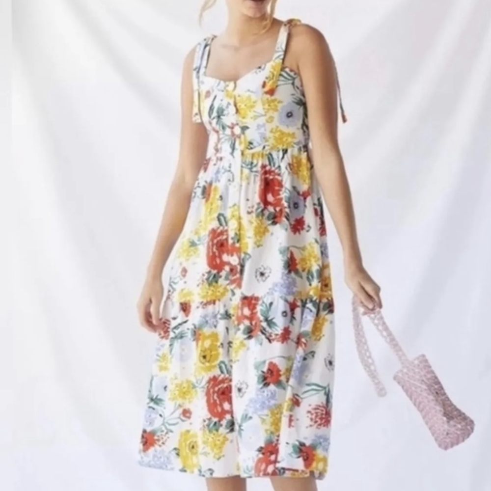 Urban Outfitters Shoulder Tie Floral Colorful Summer Midi Cottage Dress